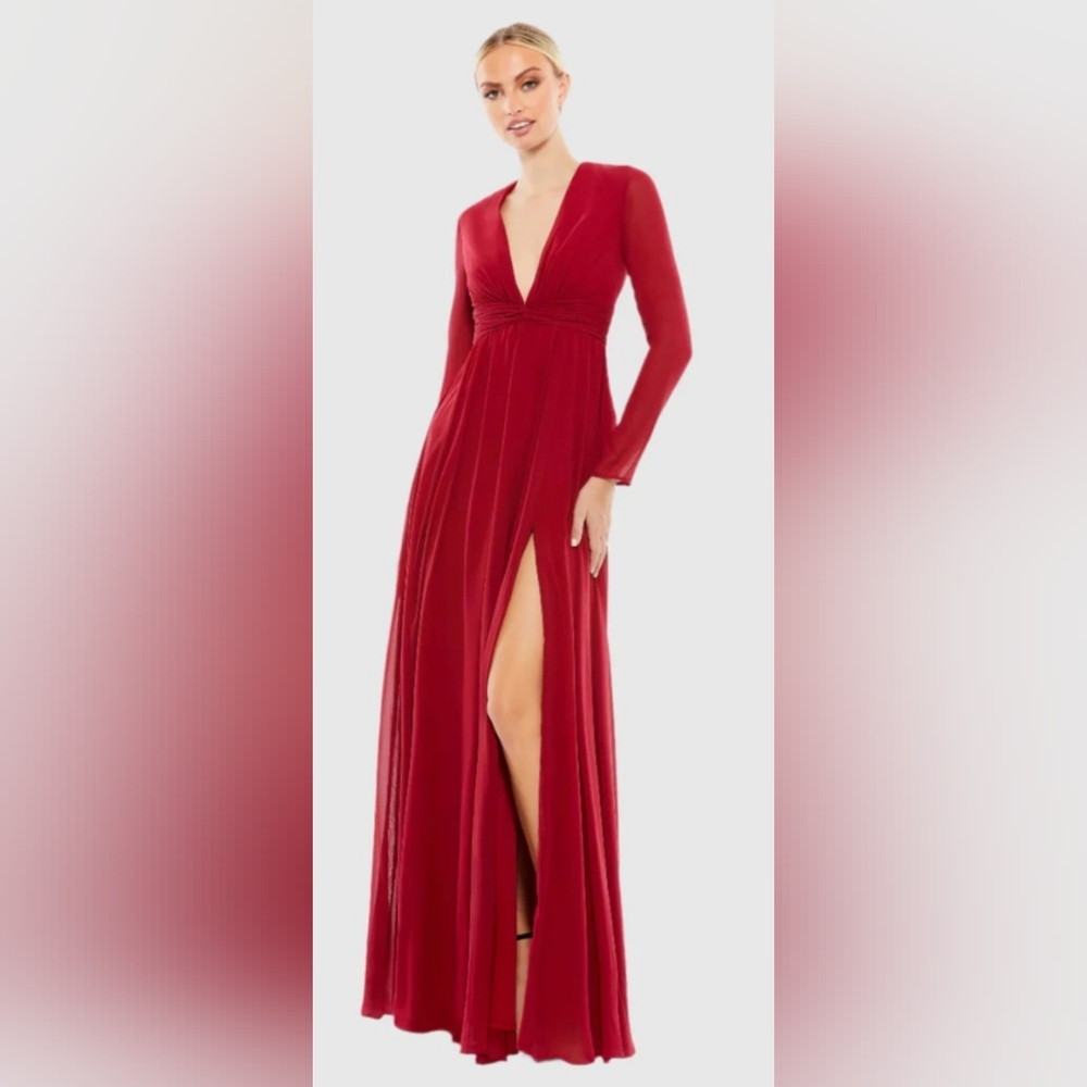 Ieena for Mac Duggal V-Neck Front Twist Long Sleeve Gown 55680 Bordeaux 10 Red